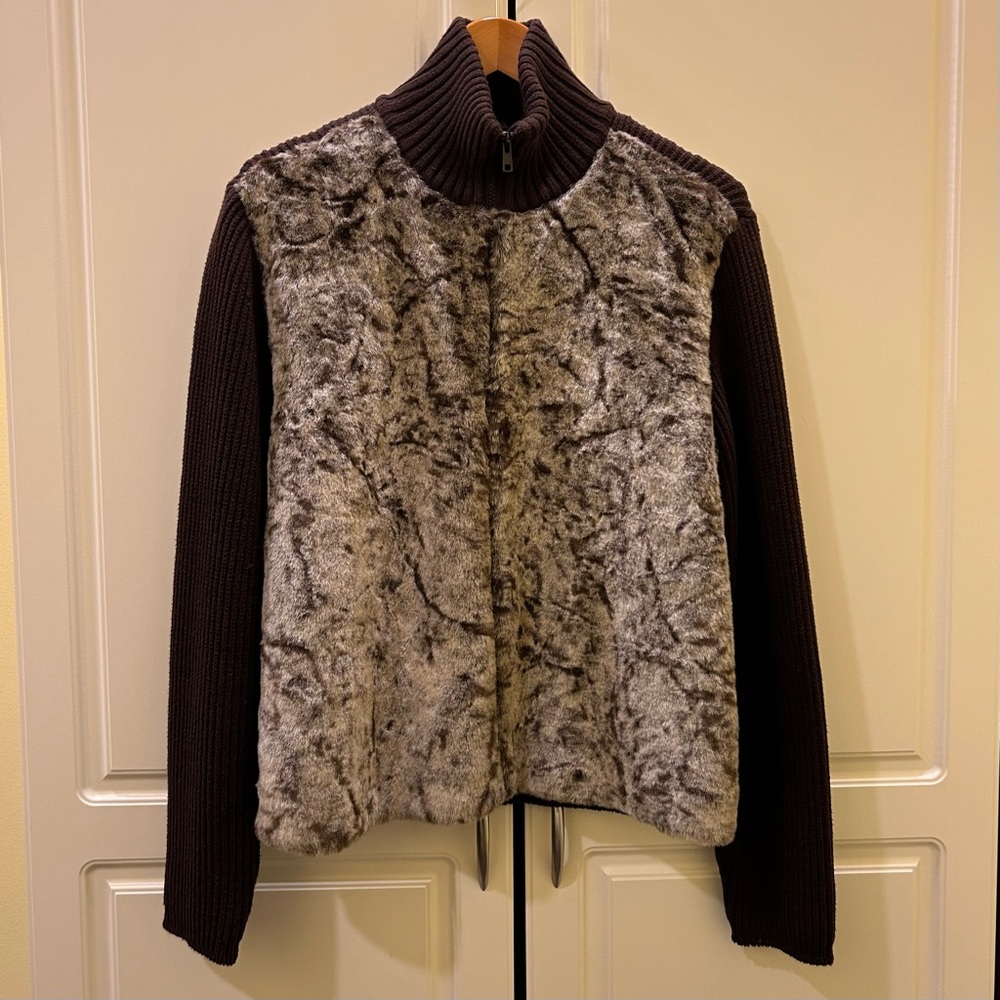 Vintage Cotton Country Brown Rib Knit Sweater Med Zip Front Faux Fur Front